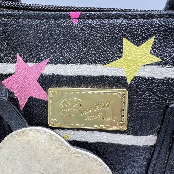 Luv Betsey by Betsey Johnson Satchel Star Print Striped Black White Pink Charm - Picture 2 of 16